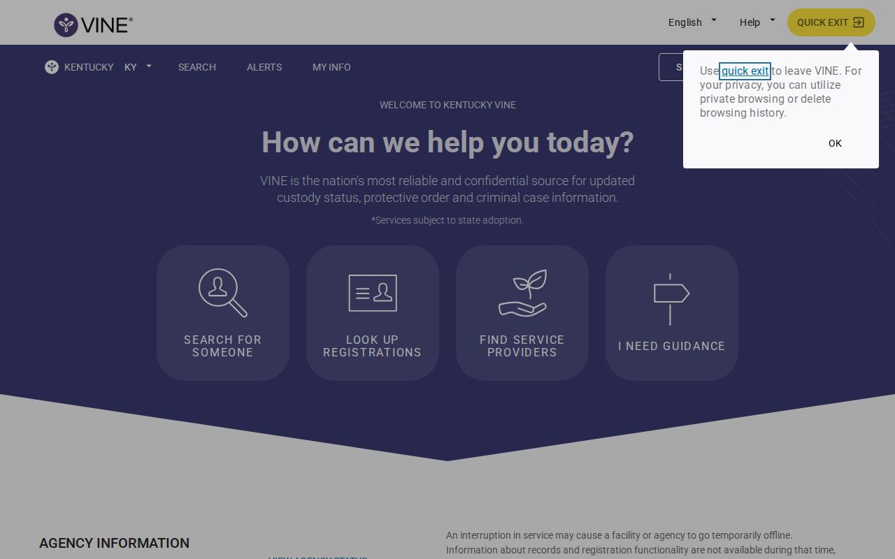 Kentucky VINE search landing page for a McLean County inmate check